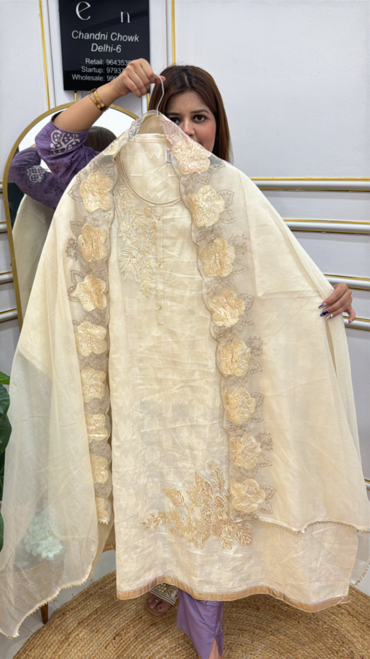 KORA cotton applique suit in cream with floral embellishments for elegant occasions